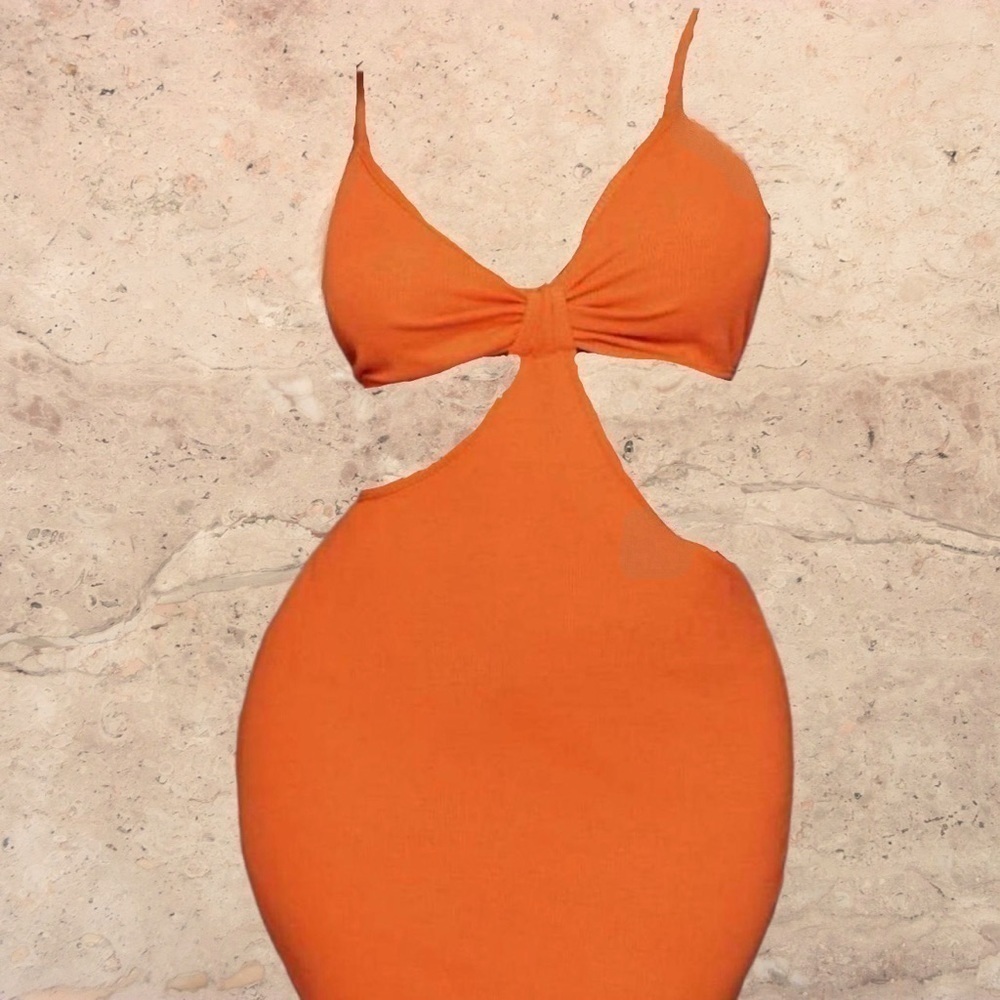 LONG KNITTED V NECK PLUNGE CUTOUT ORANGE MAXI KNOT FRONT STRAP DRESS